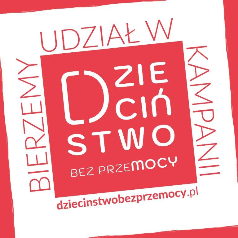 Grafika: biało czerwona z napisem dzieciństwo bez przemocy, bierzemy udział w kampanii